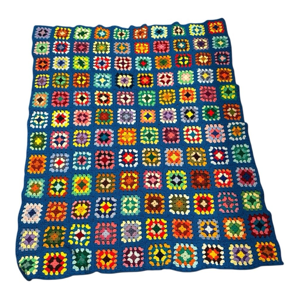 Vintage Handmade Granny Square Afghan Blanket Throw Knit Cottage Approx 48x59